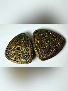 Vintage Czechoslovakia Brass Floral Belt Buckle with Blue Rhinestones #1703